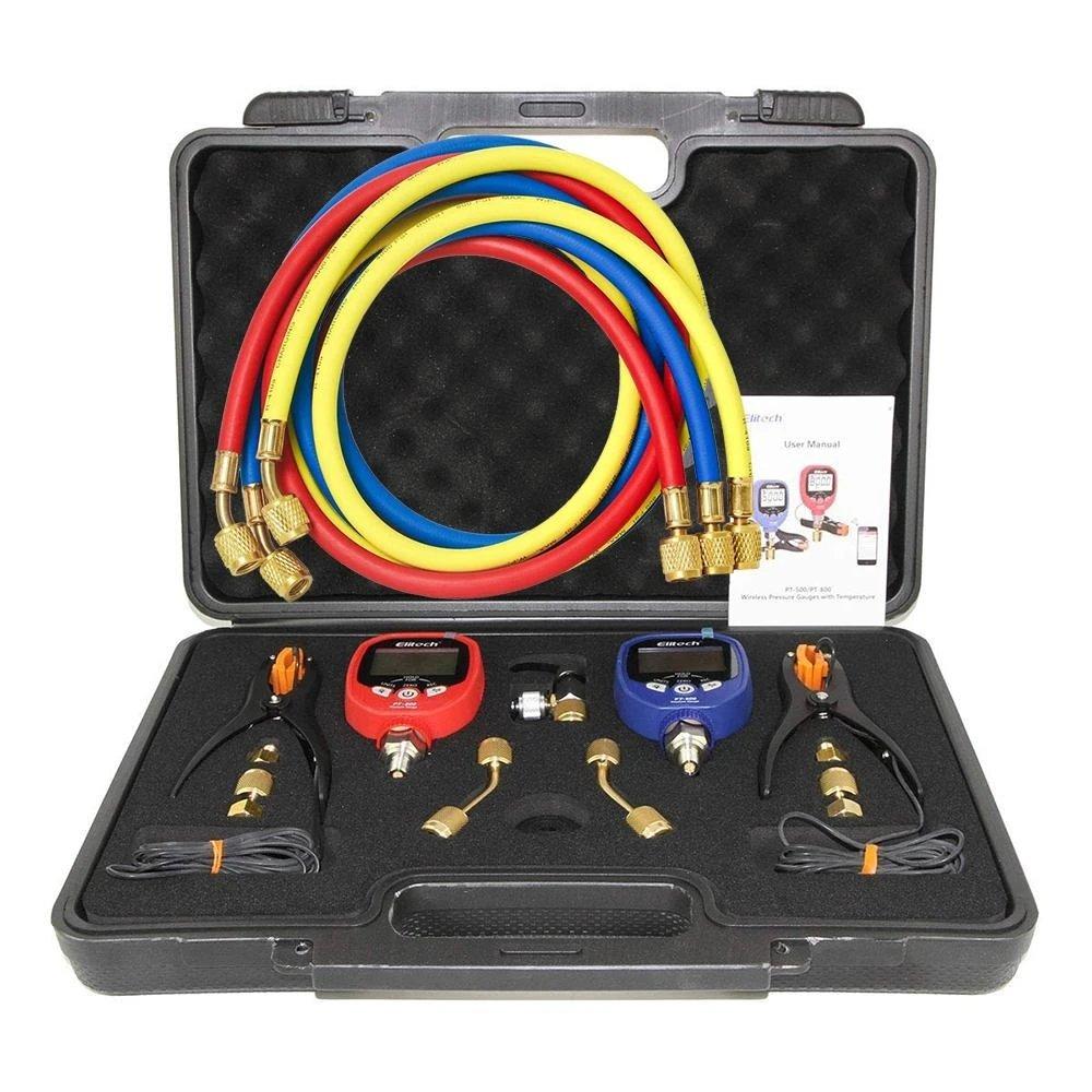 Elitech SVP-7 Vacuum Pump 7 CFM 2 Stage Intelligent HVAC PT-500&PT-800 Wireless HVAC Digital Manifold Gauge Set with Demountable Temperature Clamps+Refrigerant Hoses - Elitech Technology, Inc.