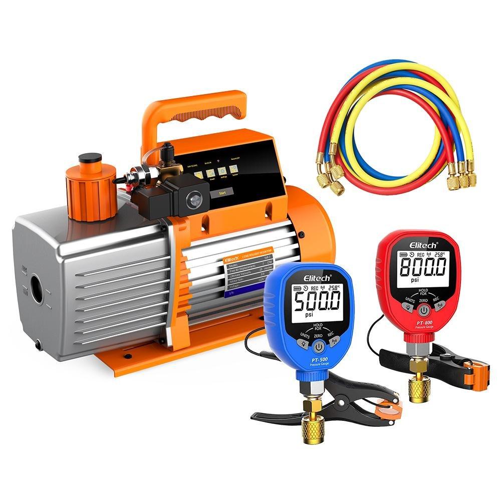 Elitech SVP-7 Vacuum Pump 7 CFM 2 Stage Intelligent HVAC PT-500&PT-800 Wireless HVAC Digital Manifold Gauge Set with Demountable Temperature Clamps+Refrigerant Hoses - Elitech Technology, Inc.