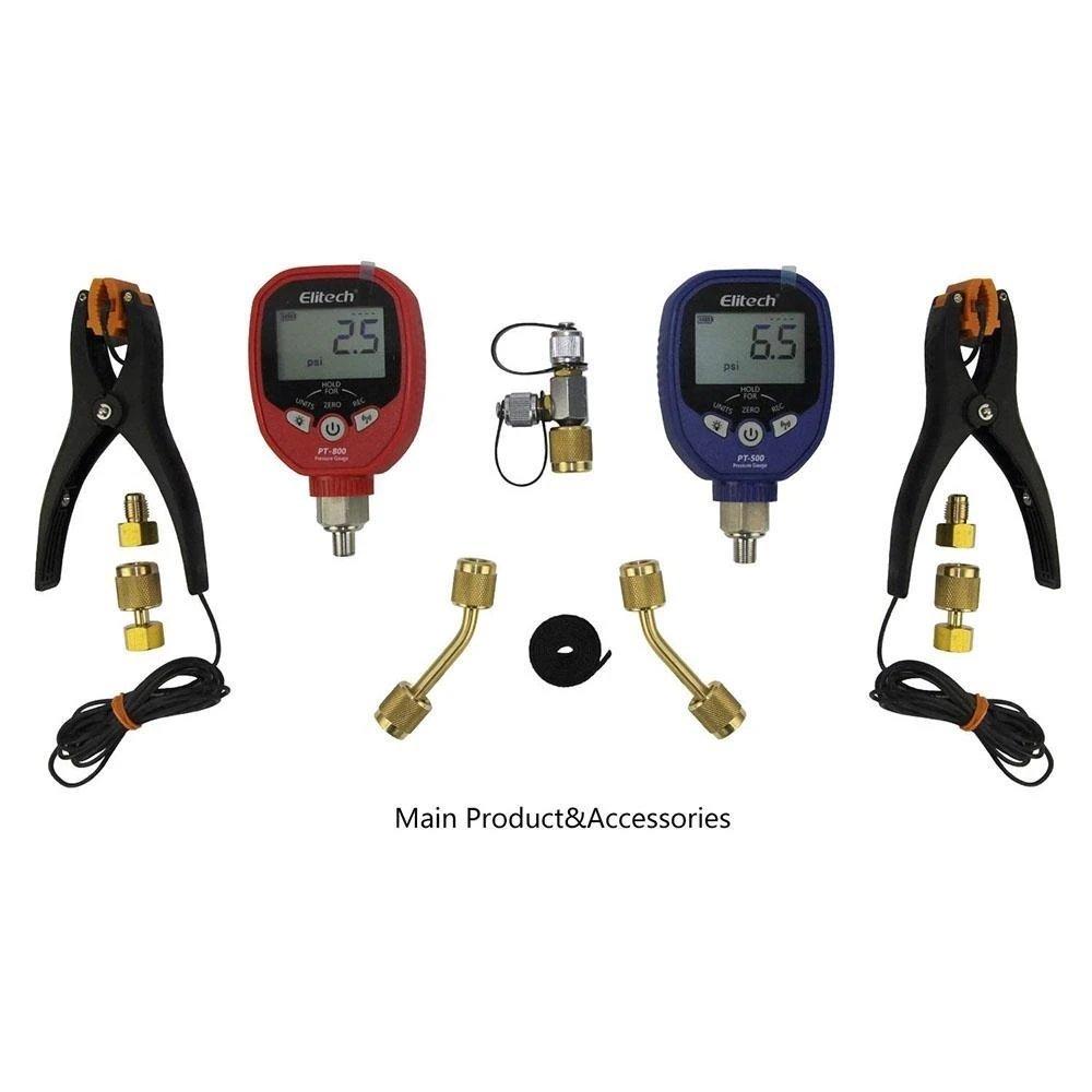 Elitech SVP-7 Vacuum Pump 7 CFM 2 Stage Intelligent HVAC PT-500&PT-800 Wireless HVAC Digital Manifold Gauge Set with Demountable Temperature Clamps+Refrigerant Hoses - Elitech Technology, Inc.