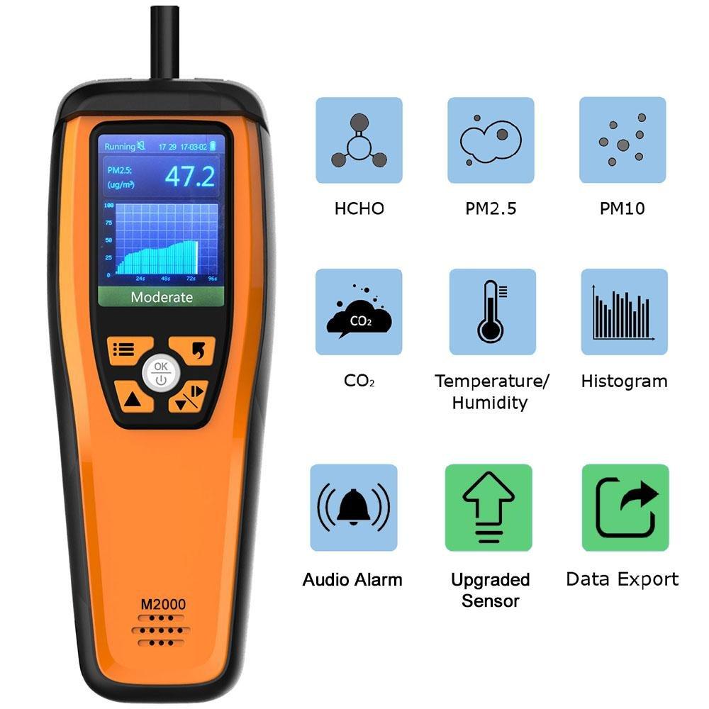 Temtop M2000 2nd Generation Air Quality Monitor for PM2.5 PM10 Particles CO2 HCHO Temperature Humidity Settable Audio Alarm Data Export Recording Curve Easy Calibration - Elitech Technology, Inc.